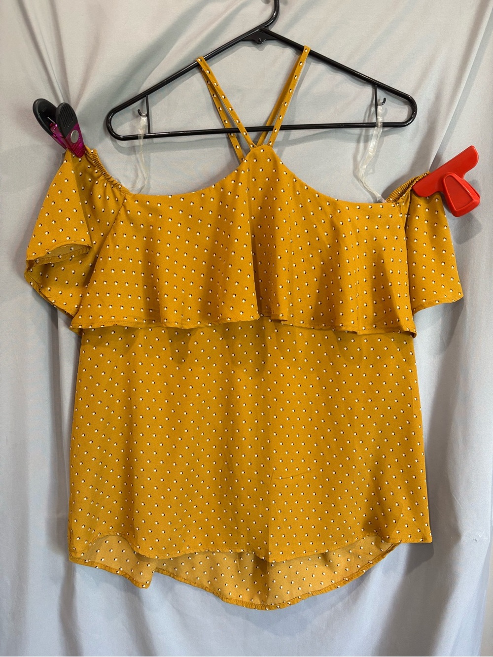 Maurices Mustard Yellow Polka Dot Off-Shoulder Ruffle Camisole